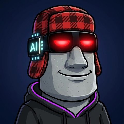moAI #578: grey stone, plaid trapper hat, red eyes