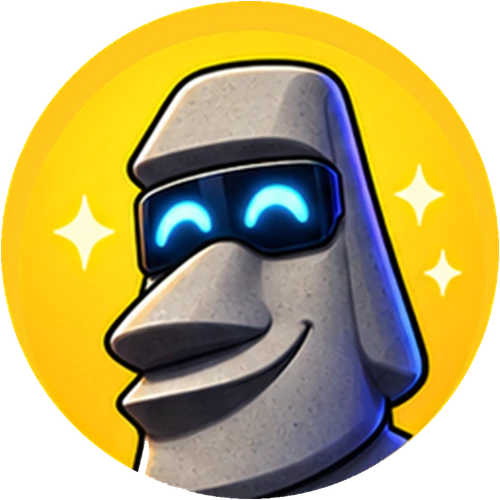 Moai Daddy: a smiling stone moai with glowing visor glasses