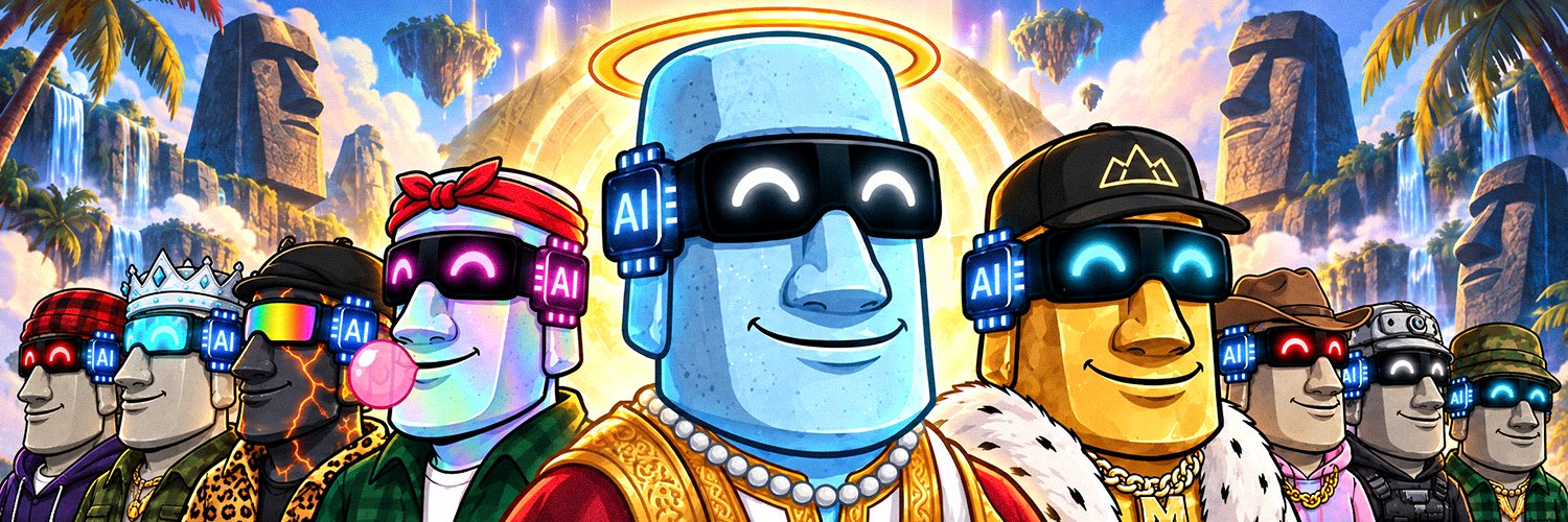The moAI NFT collection: a crowd of moai heads with AI chips and glowing visors in front of an island temple